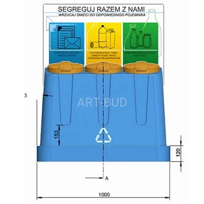 Pojemnik do selektywnej zbiórki odpadów 3 x 120 l „Trojak Mini” z planszą edukacyjną  