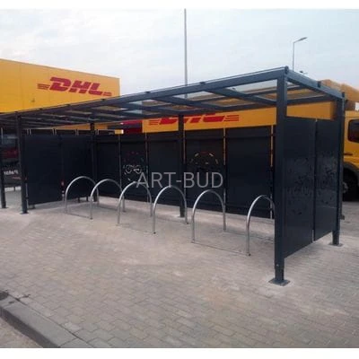 Wiata stalowa rowerowa zadaszona poliwęglanem PANEL z blachy wycinanej laserowo