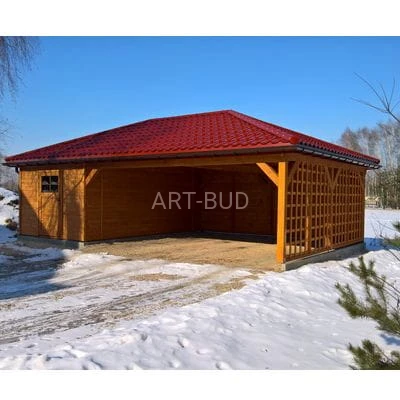 Wiata garażowa drewniana z dachem dwuspadowym Bianco 560x860 cm z pomieszczeniem gospodarczym 