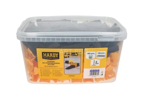 Zestaw do poziomowania płytek  klipsy 3 mm 300 szt plus kliny 100 szt w wiaderku Kaem Hardy 