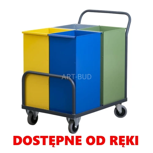 Wózek do segregacji odpadów stalowy z pojemnikami na kółkach