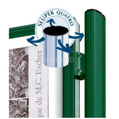 Zestaw słupków Quatro do montażu gablot 1000, 1000 dwudrzwiowych, 2000 oraz 3000, anodowanych srebrnych oraz malowanych
