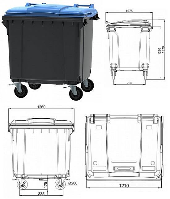 Pojemnik czterokołowy na odpady z płaską pokrywą 1100 DIN SL F
