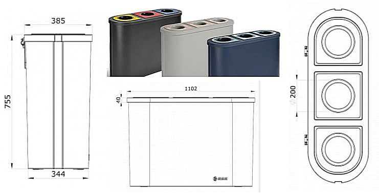 Pojemnik do segregacji odpadków wolnostojący trzykomorowy CAMPUS GOOOL..