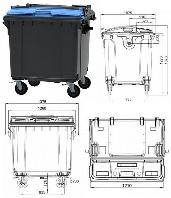 Pojemnik na odpady z podwójną klapą czterokołowy 1100L SPLIT LID
