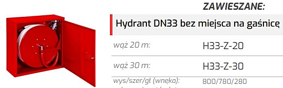 Hydrant wewnętrzny zawieszany DN33 bez miejsca na gaśnicę