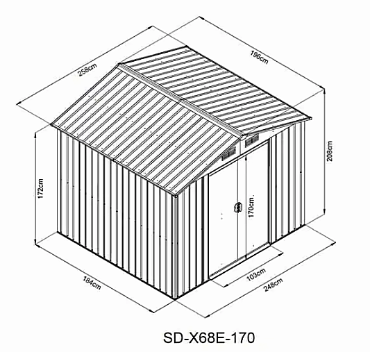 Szerokość 258 cm Wysokość drzwi 173 cm Grubość ramy 0,6 mm Grubość płyty 0,3 mm Wysokość 208 cm Długość 196 cm
