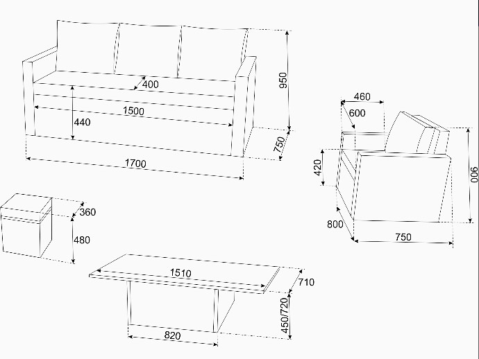 Stół: 42(70)x70x150 cm Możliwość regulacji wysokości dwustopniowa 42cm/70 cm Sofa:73x80x168 cm Fotel:73x78x80 cm Pufa:34x34x40 cm