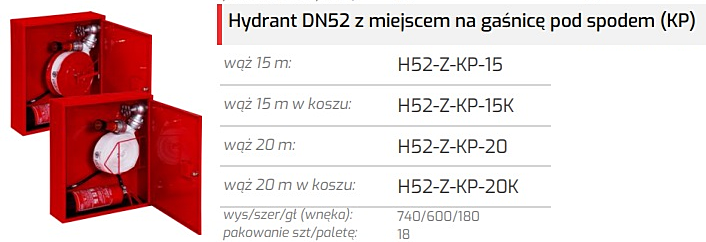 Hydrant wewnętrzny DN52 z miejscem na gaśnicę pod spodem KP wersja zawieszana H52-Z-KP-15/20