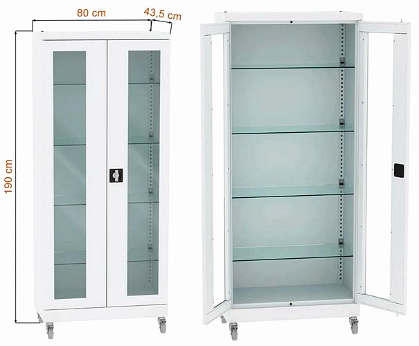 Metalowa wąska biała szafa lekarska SML 102 z kółkami przeszklona dwudrzwiowa Malow
