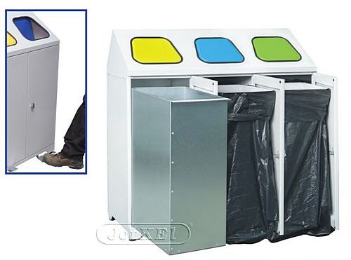 Metalowy pojemnik do segregacji odpadów 3-komorowy z 3 koszami metalowymi i pedałem