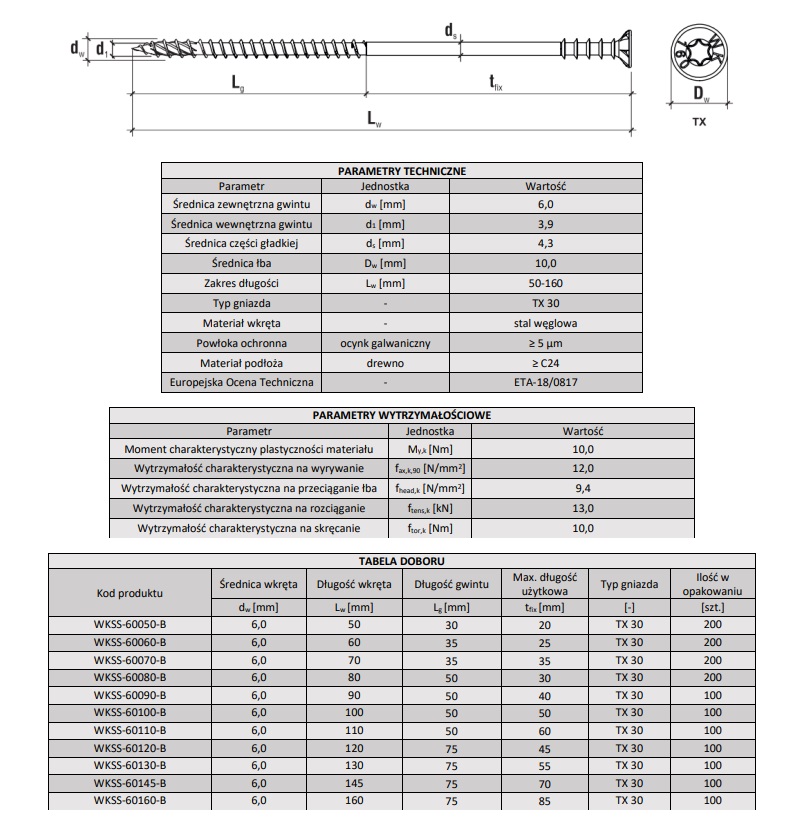 WKSS-60100 zawierającego 100 szt. wkrętów o wymiarach 6,0X100 mm