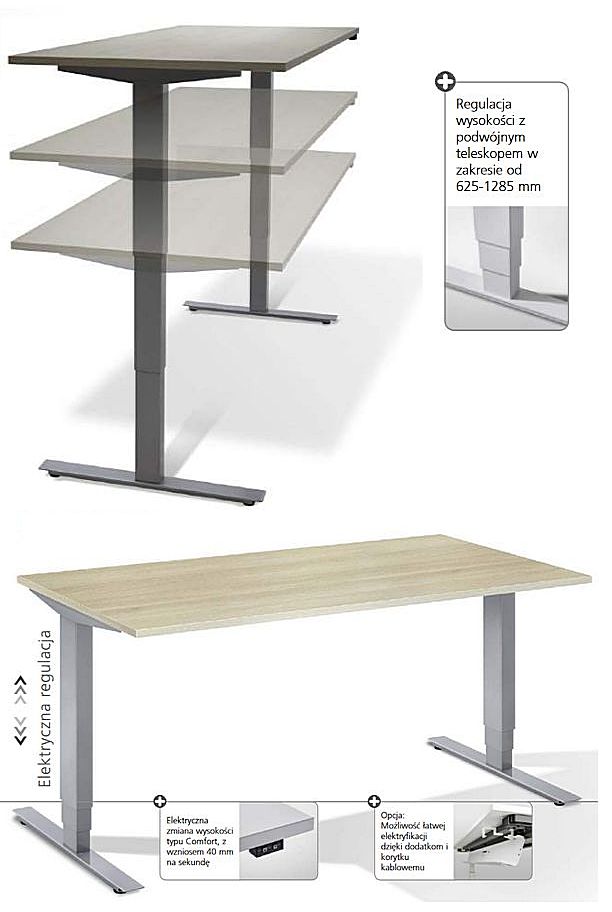 Siedząco-stojące biurko z serii T 3300 Asisto z elektrycznie regulowaną wysokością kod 540490-1.1 o wymiarach 1600x800x625-1285 mm