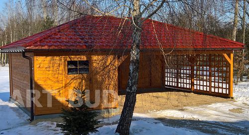 Wiata garażowa drewniana z dachem dwuspadowym Bianco 560x860 cm z pomieszczeniem gospodarczym