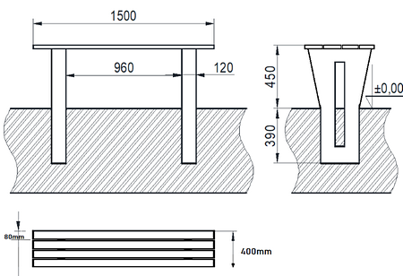 Ławka parkowa bez oparcia betonowa z drewnianym siedziskiem do wkopania