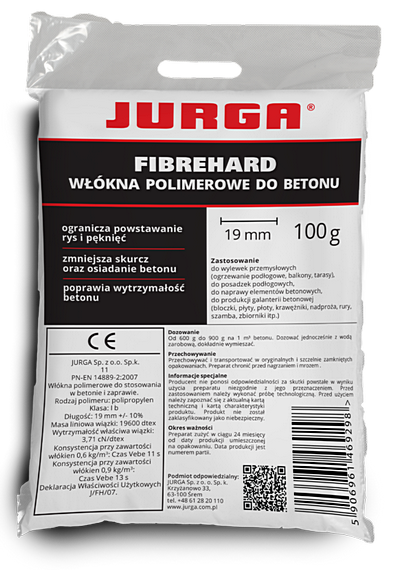 Włókna polimerowe wzmacniające do betonu twarde 19mm FIBREHARD worek 600g Jurga