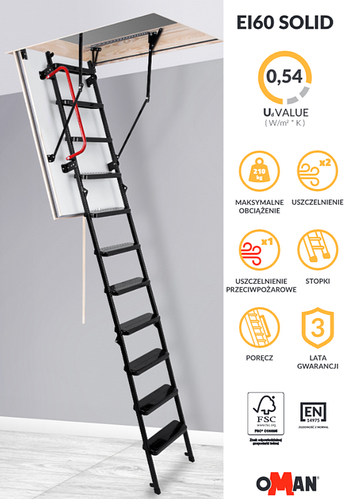 Przeciwpożarowe schody strychowe EI60 SOLID 0,54 W/m2K Oman