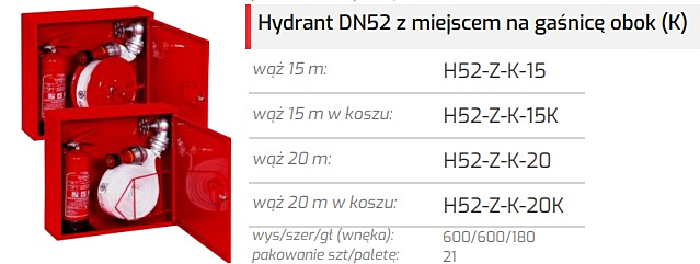 Hydrant wewnętrzny DN52 z miejscem na gaśnicę obok KP wersja zawieszana H52-Z-K-15/20