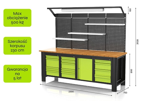 Stół warsztatowy stalowy z drewnianym blatem DK.STW.230 230x75 cm