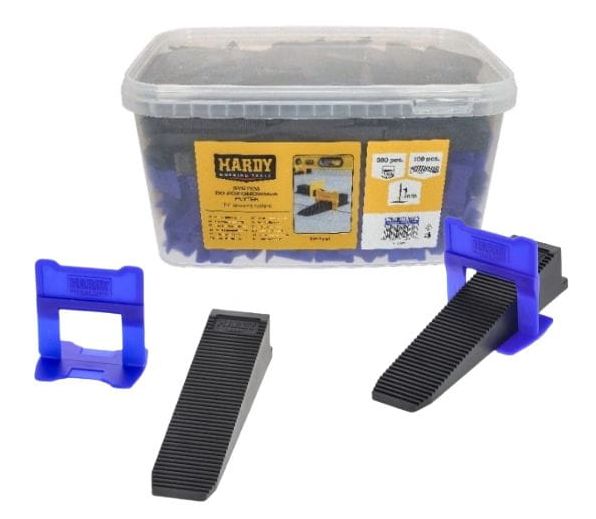 System poziomowania płytek 1 lub 1,5 mm klipsy 300 szt plus kliny 100 szt w wiaderku Kaem Hardy