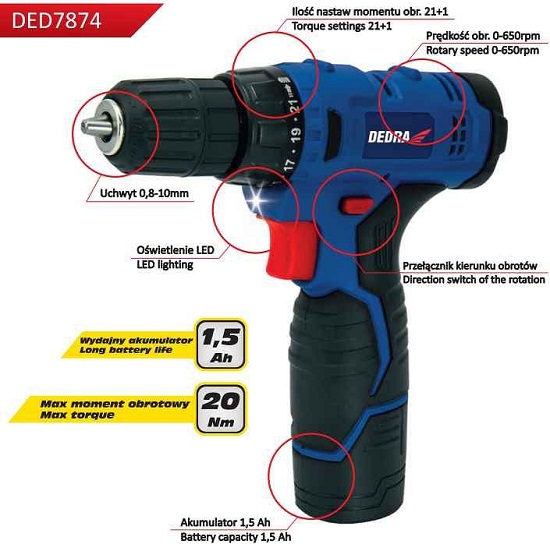 Wiertarko wkrętarka DED7874 12V uchwyt 0,8-10mm 20Nm Dedra