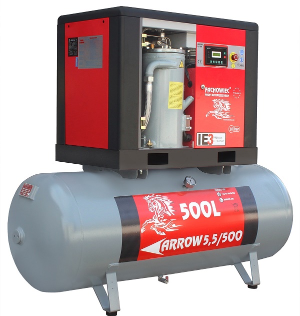 Sprężarka śrubowa Profi Kompressoren ARROW 5.5kW/500L zestaw na zbiorniku poziomym