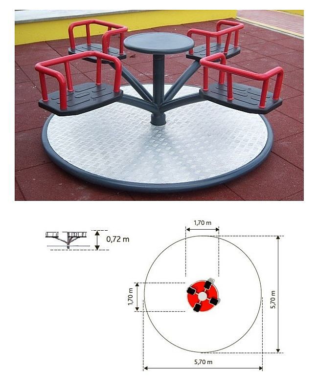 Wymiary urządzenia (LxWxH): 1,58 x 1,58 x 0,73 m Strefa bezpieczeństwa: 5,58 x 5,58 m Maksymalna wysokość upadku: 1,0 m