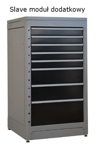 OPCJA DODATKOWA: Istnieje możliwość powiększenia pojemności systemu poprzez dokupienie dodatkowego modułu Slave.  Szafa wydawcza - moduł uzupełniający Slave. Automat wydający narzędzia - szafka uzupełniająca. Szafa rozszerzająca typu Slave, po podłączeniu do szafy master, umożliwia powiększenie przestrzeni składowania towarów: - nie posiada narzędzi autoryzacyjnych, nie jest wyposażona w monitor dotykowy, - wykonuje polecenia wysłane przez szafę Master (nr kat. 70101), - istnieje możliwość rozbudowania systemu do zestawu składającego się z jednej szafki typu Master i wielu szafek typu Slave, - protokół pozwala na umieszczenie szaf w odległości maksymalnej wynoszącej 1200 m, - wyposażona w szuflady identyczne jak szafa Master. - do szuflad można zamontować podziałki (podziałki do kupienia osobno)