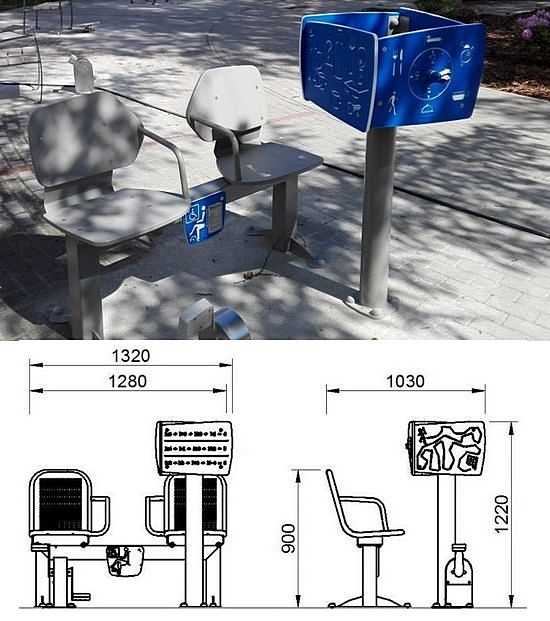 Urządzenie do rehabilitacji w siłowniach plenerowych Zestaw podwójny ławka z rowerkiem i tablicami do ćwiczenia pamięci 1 AO-RE-014 PlayPark