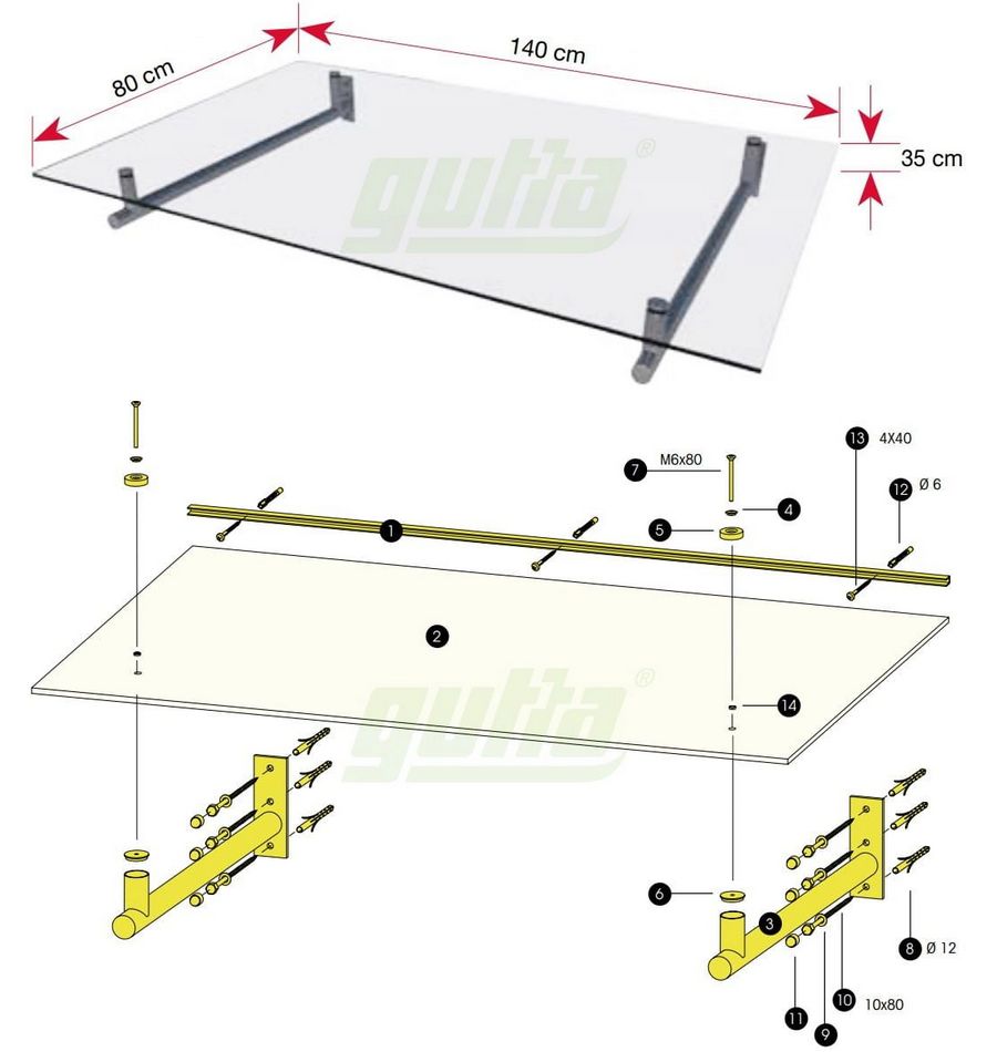 Zadaszenie daszek nad drzwi HD 140 x 80 x 19,5 cm ze szkła laminowanego Gutta