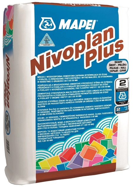 Cementowa zaprawa wyrównująca przeznaczona do ścian i podłóg wewnątrz i na zewnątrz budynków Nivoplan Plus 25 kg Mapei