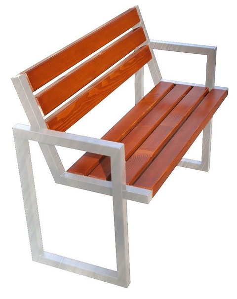 Ławka drewniana z oparciem i podłokietnikami na konstrukcji ze stali nierdzewnej Modern III Inox 1603